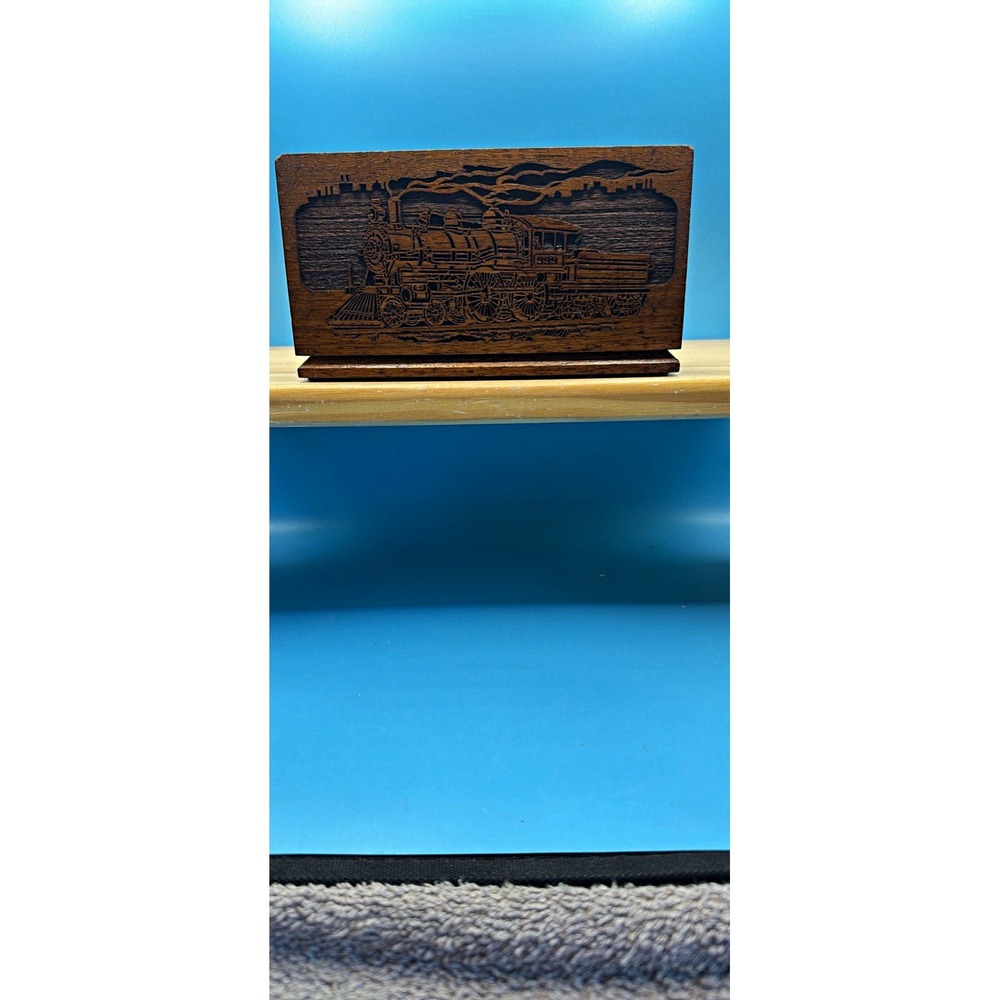 Vintage Wood Desk Organizer W/ Carved Train Locomotive Scene 4 Round Compartment